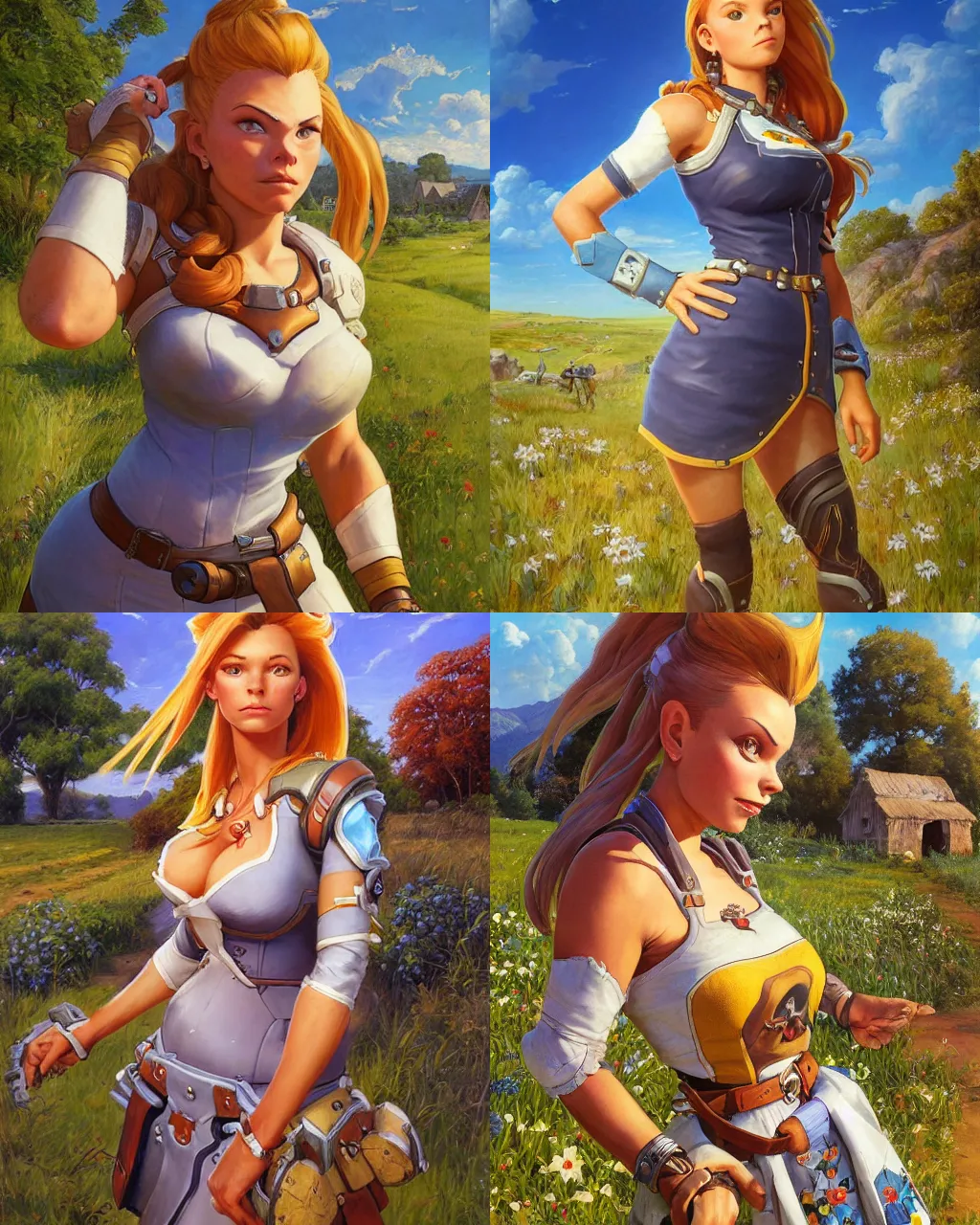 Prompt: portrait, brigitte from overwatch wearing a beautiful summer dress in the countryside, by greg staples and jeff easley, beautiful scene, hyperrealistic, intricate, summer day, sunlight, cheerful, soft lighting, detailed
