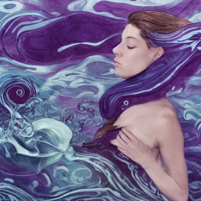 Image similar to a female art student falling asleep, iceberg, dark, sensual, dreamy, waves, swirls, violet drips, fish, blueberries, octopus, neo - impressionist, surrealism