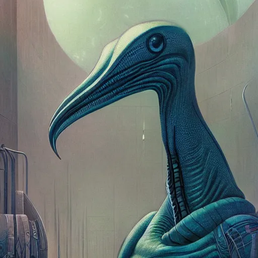 Image similar to portrait of tall, long-necked lipless mutant with scaled face and serpent eyes wearing gauze toga and standing in cyberpunk art deco mosque, alien bestiary by Barlowe, Greg Rutkowski, and Yoshitaka Amano