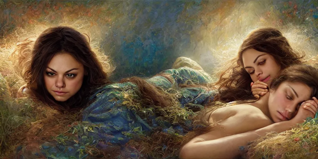 Image similar to Mila Kunis falling asleep, Lilia Alvarado, Sophie Anderson, Mark Arian, Bob Byerley, Charlie Bowater, Mark Brooks, Steve Henderson, Justin Gerard, Arthur Hughes, Edward Robert Hughes, Mark Keathley, Victor Nizovtsev, Carlos Shwabe, Ross Tran, WLOP