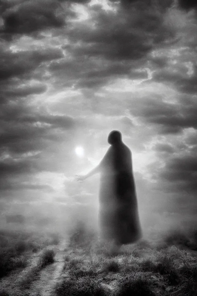 Prompt: transfiguration, black and white photo