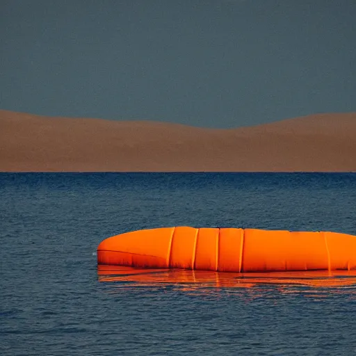 Prompt: an orange life raft drifts in a calm ocean, dramatic contrasting light, 135mm