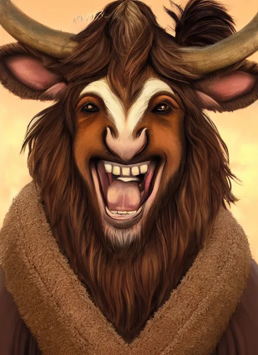 Prompt: a brown haired young tauren with stubble, short hair, wearing brown robes, smiling, close up, portrait style, wisdom, photographic print, artgerm, hyper - realistic