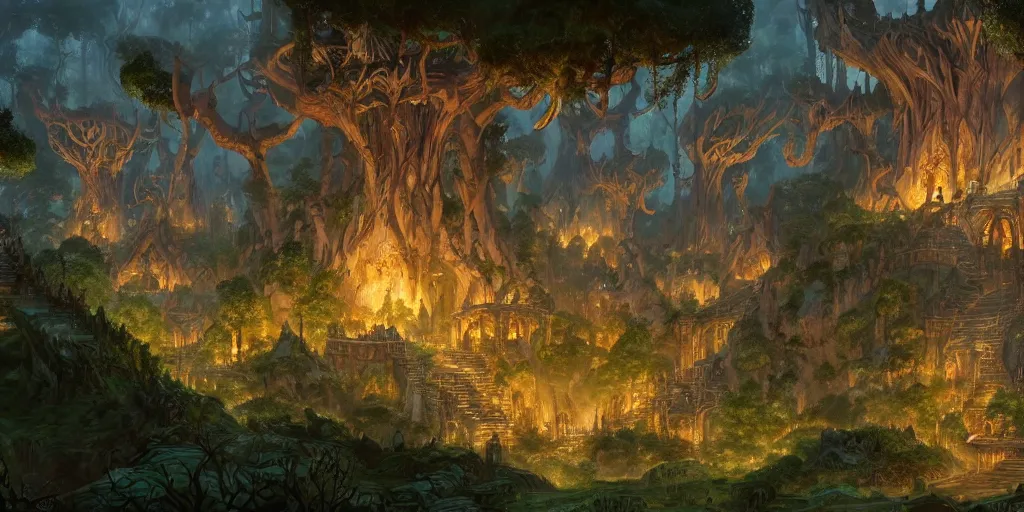 Prompt: An ancient elven city in a magical forest, high detail, many characters and creatures, cartoon style, D&D, world of warcraft, by Jimmy Wong and Greg Rutkowski, 4096x2160