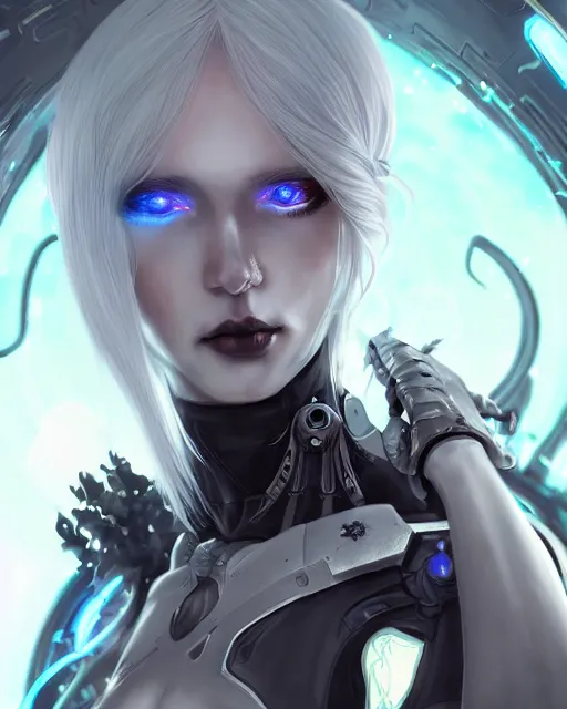 Image similar to holy cyborg necromancer girl, elegant, perfect face, scifi, futuristic, utopia, garden, illustration, atmosphere, warframe, blue eyes, white hair, artstation, nier automata, highly detailed, art by yuhong ding and chengwei pan and serafleur and ina wong