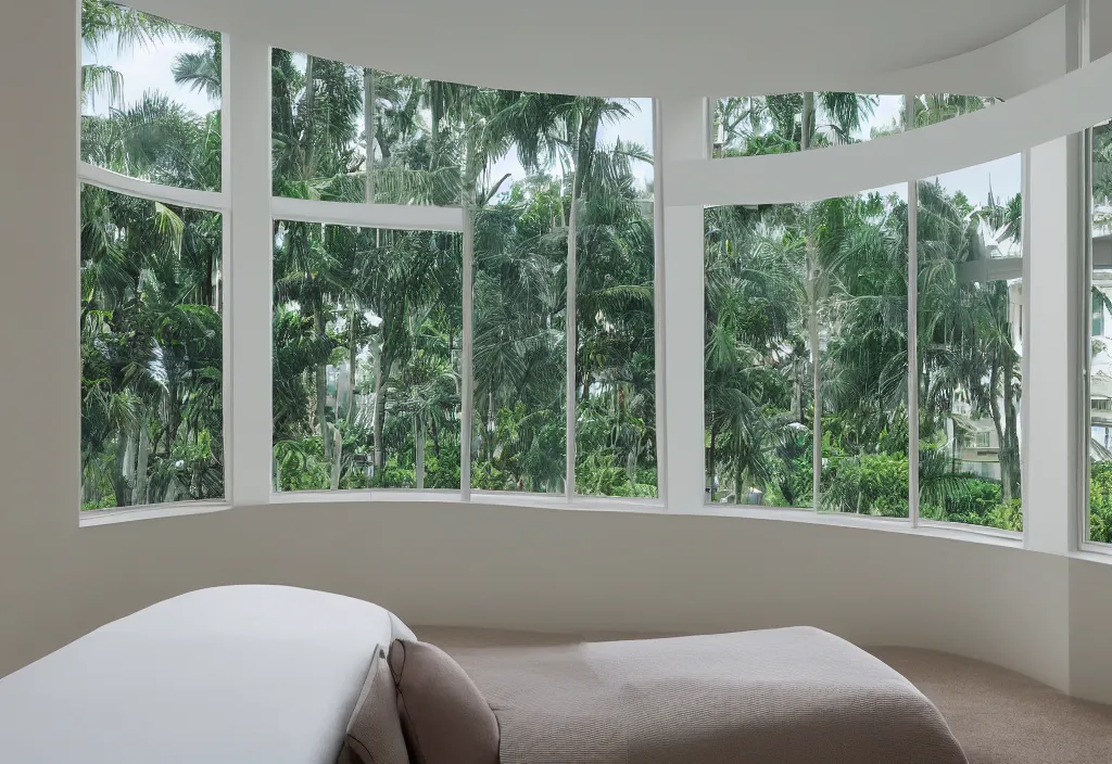 Prompt: curved transparent windows, tv, florida weathermap, volumetric lighting, bedroom, visor, users, pair of keycards on table, bokeh, creterion collection, shot on 7 0 mm, instax