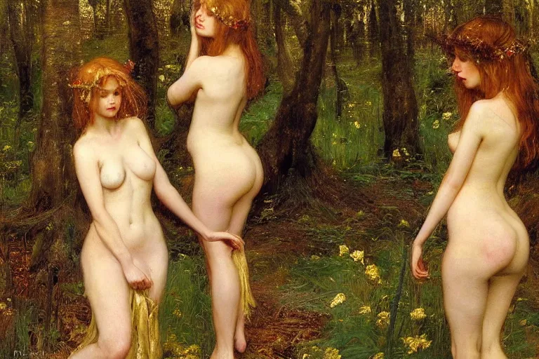 Prompt: two beautiful dressed nymphs with gold hair in forest, oil painting, hyperrealistic, ultra detailed, 4 k, john waterhouse and john everett millais, classicism, raphaelites