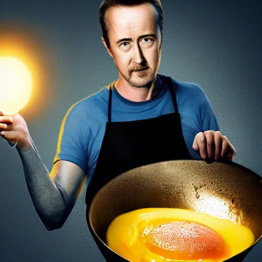 Prompt: an egg frying in a pan with edward norton as the yolk, cinematic, dramatic lighting