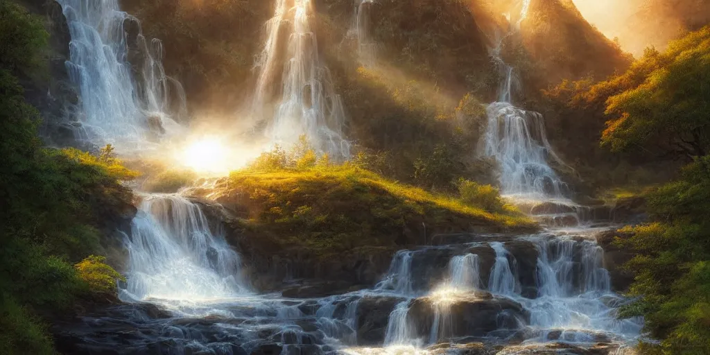 Image similar to beautiful waterfall between lush mountains in the sunset casting rays of light, highly detailed, sharp focus, artgerm, cgsociety, desaturated