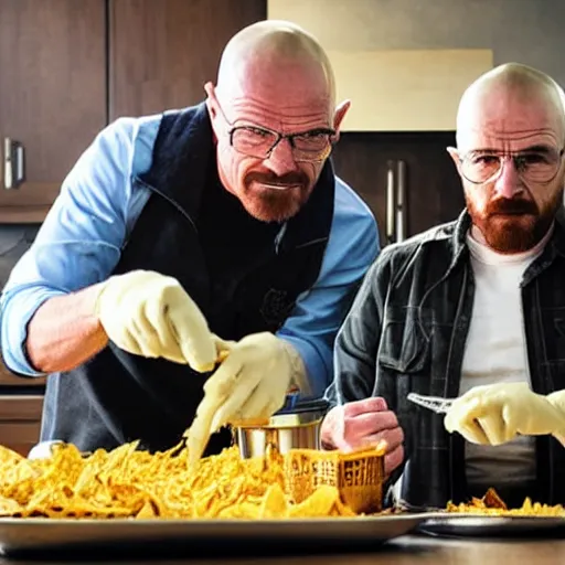 Image similar to walter white and jesse pinkman cooking nachos with nacho