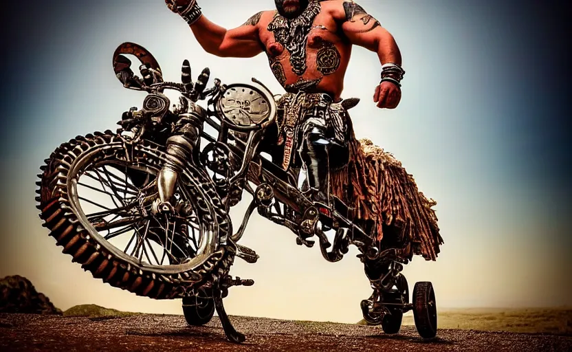 Image similar to old vintage full body photo of ancient aztec jaguar warrior with full beard riding vintage punk engine with one wheel, extreme sports photography ,super high speed photography, dynamic photography,symmetrical face, clean face, muscular body, high speed,dirt and grawel in air, lens flares, dust partiles in the air, dramatic lighting, intricate, highly detailed, centered, smooth, sharp focus, sports photography, old photo, black and white, sepia, cinematic lighting, cinematic angle, national geographic