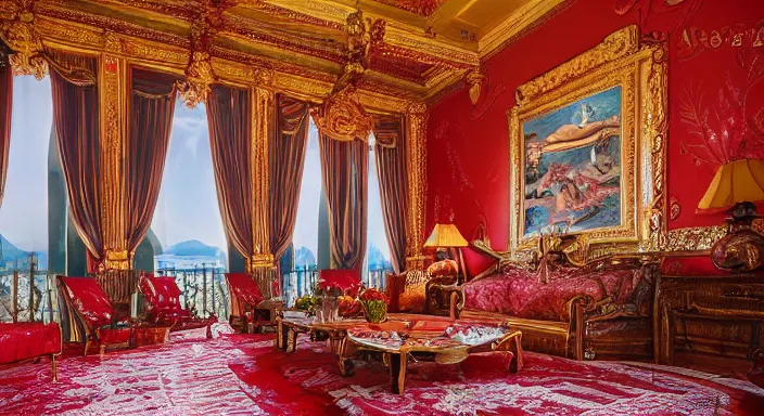 Prompt: 35mm photo of a interior view of Underwater palace, majestic interior design, red colors, Rustic-interior-lighting, skyline-view, majestic-design, serene, style of Regency, 4k, professional photography, wide-perspective, grand-composition, concept-art, highly-detailed, sublime, dramatic, cinematic