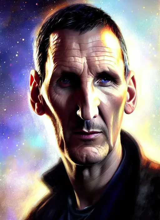 Image similar to portrait of christopher eccleston as the ninth doctor from doctor who, intricate, elegant, glowing lights, highly detailed, digital painting, artstation, concept art, smooth, sharp focus, illustration, art by wlop, mars ravelo and greg rutkowski