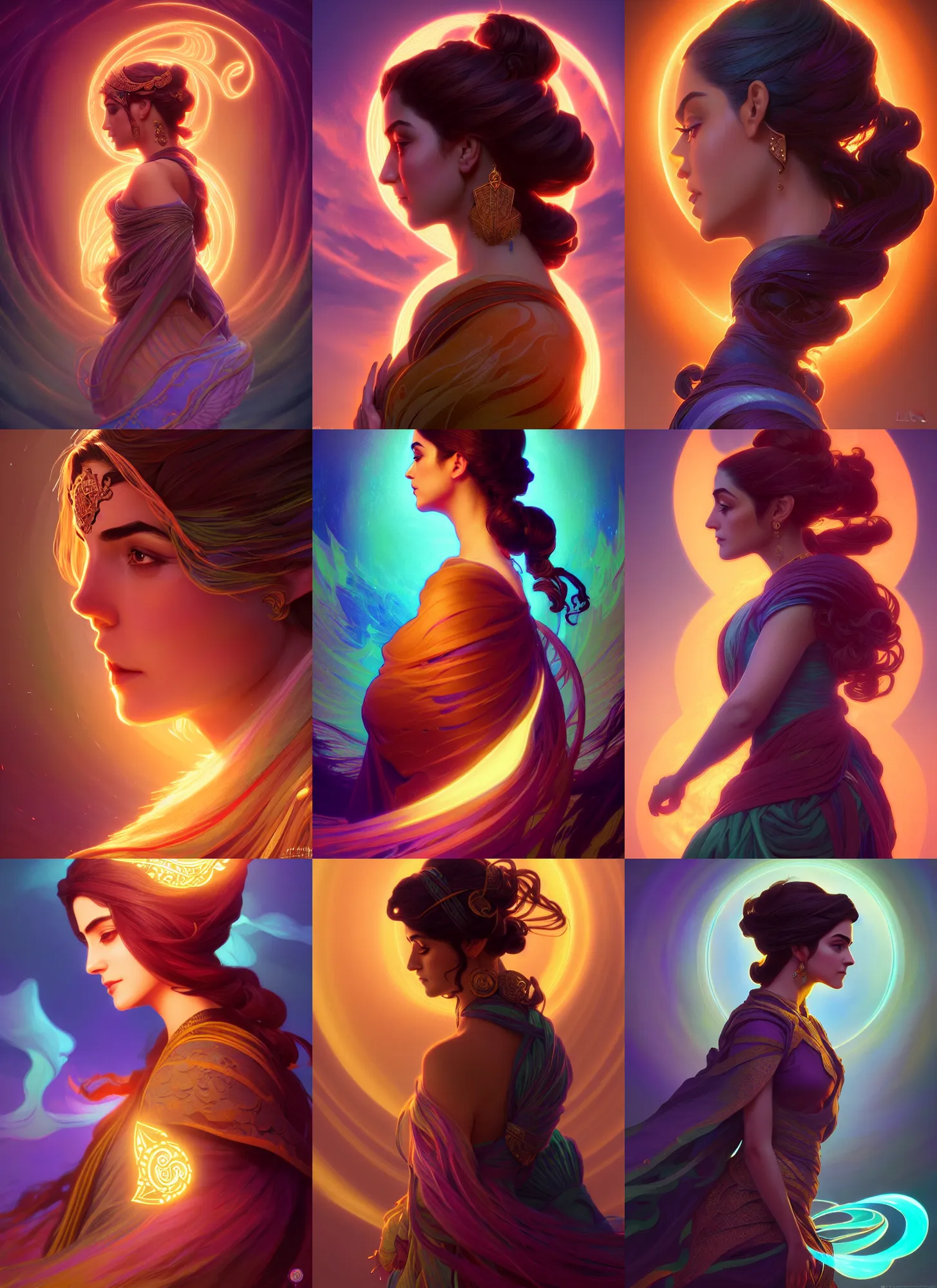 Prompt: side portrait, maya ali, wind sorcerer!, gloomhaven, soft, smooth, luminescent, art nouveau tarot, backlit glow, colorful swirly ripples, gaudy colors, aesthetic octane render, unreal engine, 8 k, by mucha, ilya kuvshinov!, cushart krenz