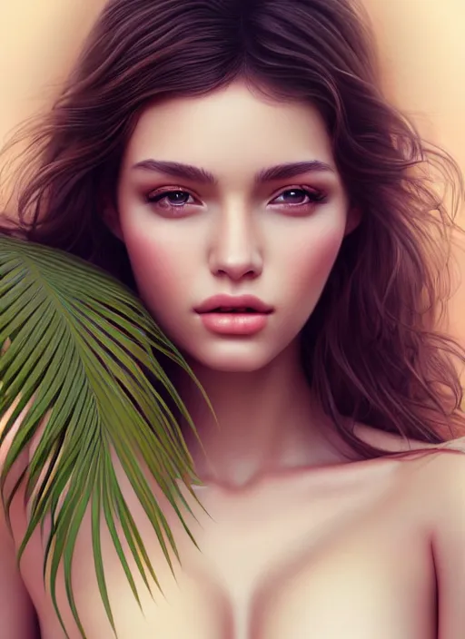 Image similar to a gorgeous female photo, professionally retouched, soft lighting, chest covered with palm leaves, realistic, smooth face, perfect eyes, wide angle, sharp focus on eyes, 8 k high definition, insanely detailed, intricate, elegant, art by artgerm and wlop