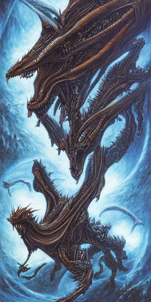 Prompt: alien space dragon by dan seagrave art