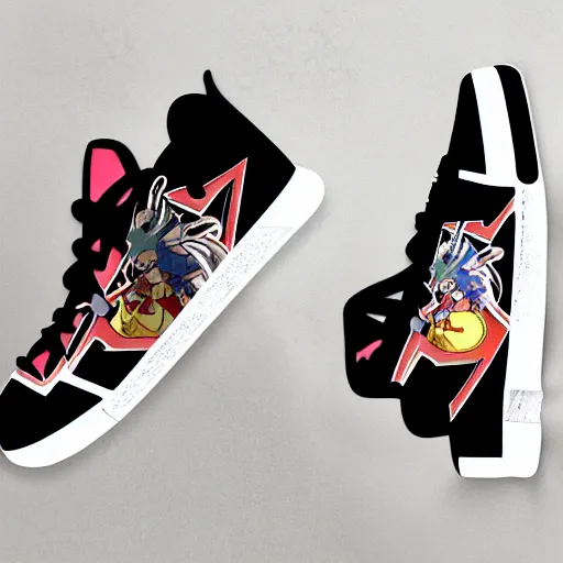 Prompt: fantasy anime jrpg sneaker design designed by studio ghibli, chrono trigger guilty gear style, sleek modern native punk sneaker design, hip hop sneaker design with subtle mayan patterns, gapmoe yandere grimdark, trending on pixiv fanbox, painted by greg rutkowski makoto shinkai takashi takeuchi studio ghibli, akihiko yoshida