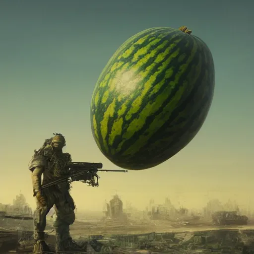 Image similar to Concept Digital Art Highly detailed giant Watermelon warlord protecting Ukrainian city from Orks by Taras Shevchenko and Stephen Hickman and Beeple. Very highly detailed 8K,Pentax 67, Kodak Portra 400 in style of Hiromasa Ogura Ghost in the Shell, the golden ratio, rational painting