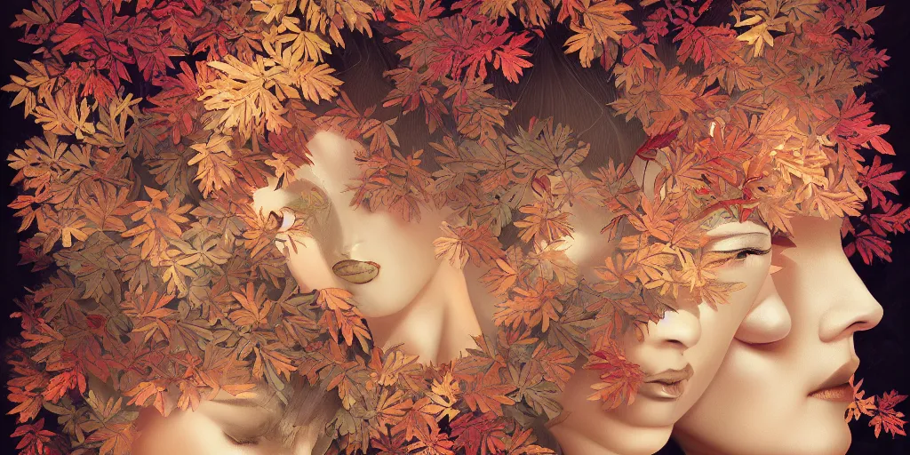 Image similar to breathtaking detailed concept art painting art deco pattern of blonde goddesses faces blend with autumn leaves, by hsiao - ron cheng, bizarre compositions, exquisite detail, extremely moody lighting, 8 k