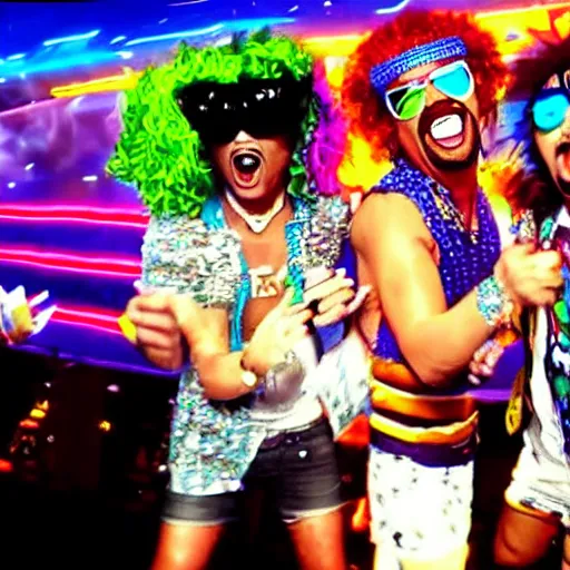 Prompt: sonic shuffling in the LMFAO's party rock music video