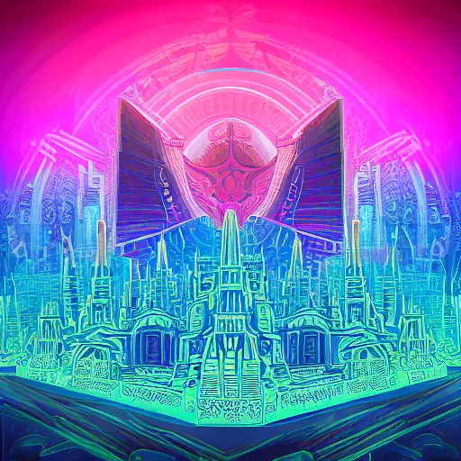 Image similar to mystical psychedelic poster with shaded lighting in the style of andriod jones and arjun brooklyn, radiant light, detailed and complex environment, beautiful, peaceful, utopic astral city in the sky with many buildings and temples reflecting a modern city on the ground with old growth pine trees, overlaid sacred geometry, with implied lines, gradient of hot pink and neon baby blue