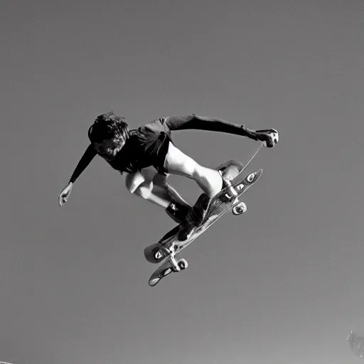 Image similar to award winning close up, black and white only, photo of, Tony Hawk, skateboarding, doing a 900, in the 1986 vert contest, by J. Grant Brittain, Atiba Jefferson, C. R. Stecyk III, fisheye lens, detailed faces, detailed skateboard, 8k, sharp image, balanced composition