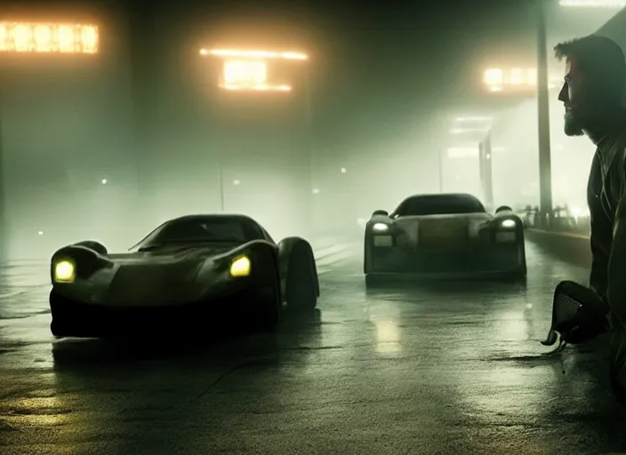 Image similar to Bladerunner 2049 scene of man tuning his sports car in garage dark atmospheric volumetric lighting moody dark cinematic Roger Deakins Cinematography futuristic cyberpunk car GT40 Le Mans GTR R35 Viper RX-8 S14 Lan Evo X ikuo maeda Newton Thomas Sigel