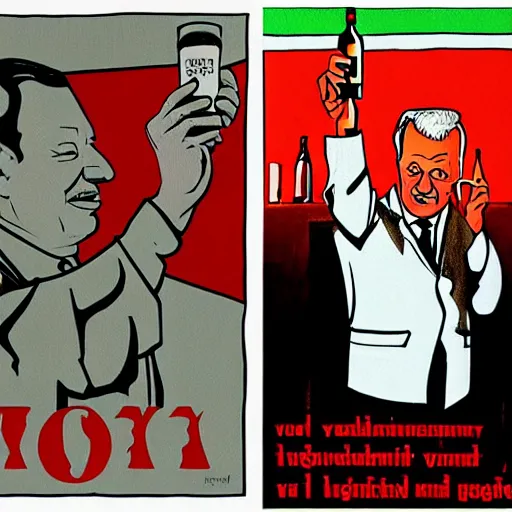 Prompt: yeltsin with a bottle of vodka in his hand encourages people to drink vodka, art in the style of soviet propaganda posters in color