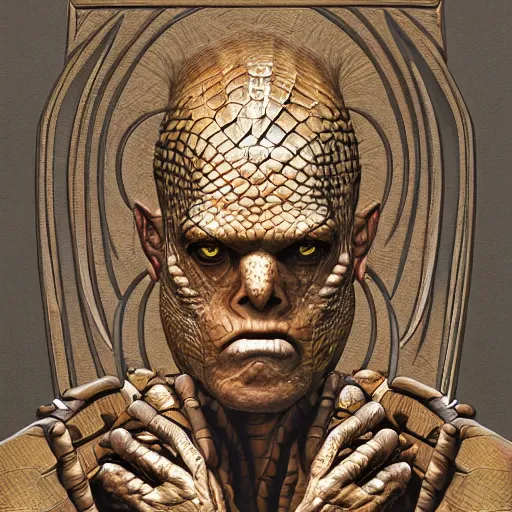 Prompt: humanoid reptilian priest, bronze age, portrait, high quality, symmetrical, hd photorealistic by alex ross