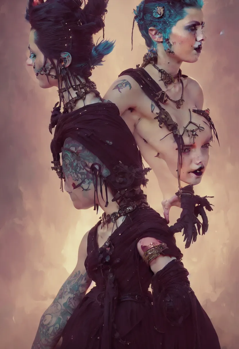 Image similar to beautiful portrait, goth girl, piercings collar, mohawk hairstyle, medieval dress. witch, makeup. unreal engine, greg rutkowski, loish, rhads, beeple, tom bagshaw, alphonse mucha, global illumination, detailed and intricate environment