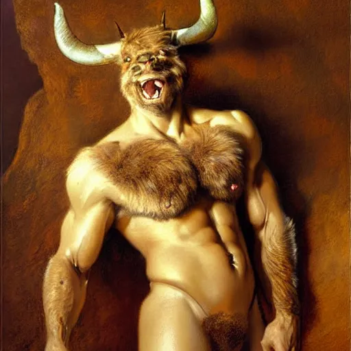 Prompt: a portrait of a furry minotaur, furry body, furry chest, furry arms, furry legs, tail. highly detailed painting by gaston bussiere, craig mullins, j. c. leyendecker, furry