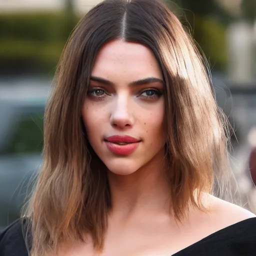 Image similar to a woman who is a genetic combination of kim kardashian and kat dennings and scarlett johansson and margot robbie and emma watson, face and upper - body focus, detailed eyes