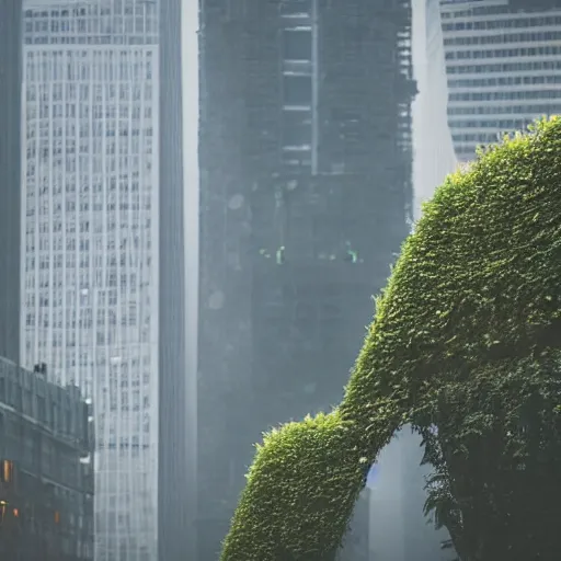 Image similar to The financial district of a misty city is overtaken by growing vines and vegetation. A person in a suit watches from the ground