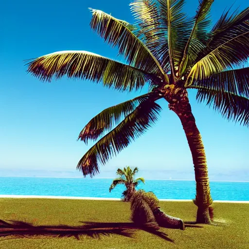 Prompt: color photo of a palm tree wearing sunglasses sitting on a rug in the 8 0's. blue sky in the background