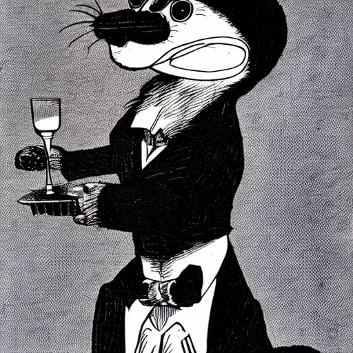 Prompt: a portrait of a jaunty gentleman ferret wearing a monocle by edward gorey