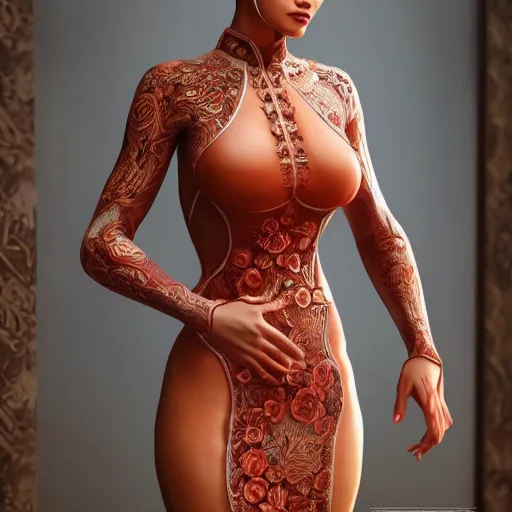 Image similar to muscular oiled woman wearing ao dai, ultra realistic, concept art, intricate details, highly detailed, photorealistic, octane render, 8 k, unreal engine.