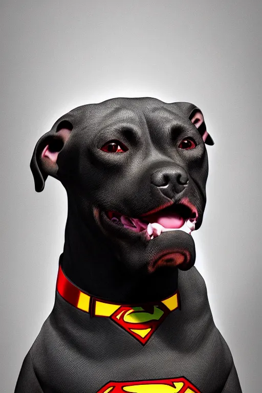 Image similar to pitbull dog wearing superman suit, hyperrealistic, 8 k resolution, artstation, well designed