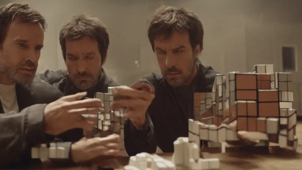 Prompt: film still of the Rubik's Cube movie. directed by Denis Villeneuve