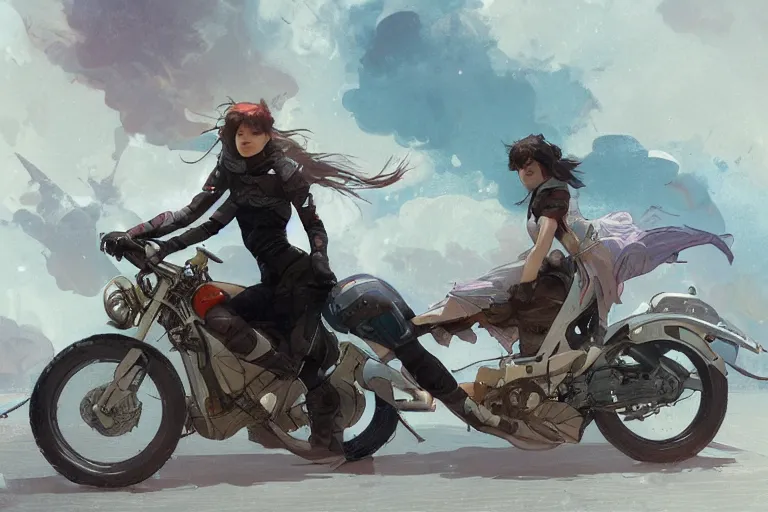 Image similar to a girl is riding a motorbike, digital painting, artstation, the space background,concept art, sharp focus, illustration, art by Krenz Cushart and Artem Demura and alphonse mucha