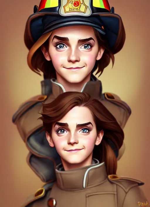 Prompt: cute colonel emma watson firefighter, natural lighting, path traced, highly detailed, high quality, digital painting, by don bluth and ross tran and studio ghibli and alphonse mucha, artgerm