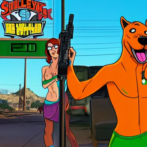 Image similar to Scooby Doo in GTA 5, cover art by stephen Bliss, no text, wearing a bikini, holding a gun, trending on artstation