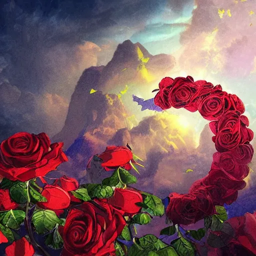 Image similar to ring of giant rose petals, fantasy art, sky in the background, detailed, behrens style