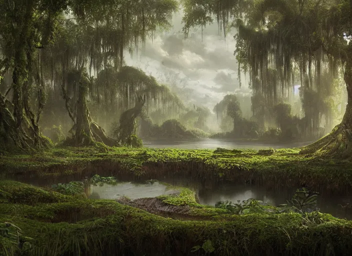 Prompt: matte painting of a huge swamp, overgrown with lush vines, immaculate scale, greg rutkowski, digital art, trending on artstation, detailed matte painting