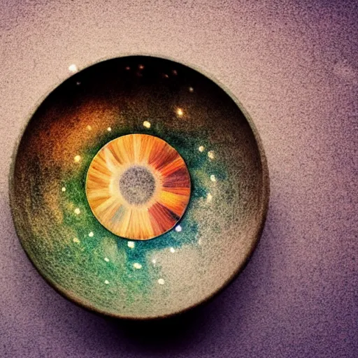 Prompt: A bowl of the universe, the universe inside of a bowl, view from above, close-up photography