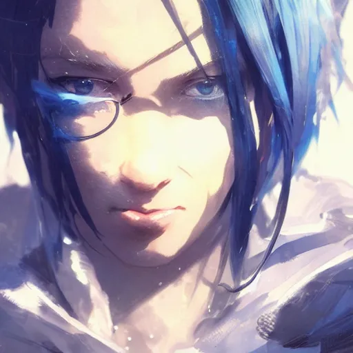 Image similar to realistic portrait of Sinon from sword art online, short blue hair, dramatic lighting, illustration by Greg rutkowski, yoji shinkawa, 4k, digital art, concept art, trending on artstation