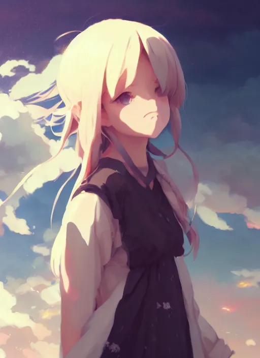 Image similar to portrait of cute girl, cloudy sky background lush landscape illustration concept art anime key visual trending pixiv fanbox by wlop and greg rutkowski and makoto shinkai and studio ghibli