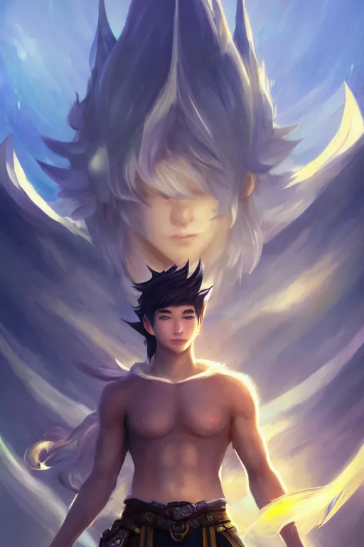 Prompt: fullbody portrait of a male fit hero with strange hairs, soft smile, final fantasy, league of legends champion, strong iridescent light, by chengwei pan and sakimichan, gradient white to gold, in front of a magical building background, highly detailed portrait, digital painting, smooth, focus illustration