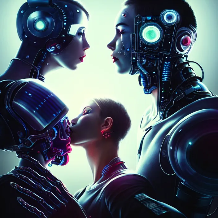 Prompt: ultra realistic medium shot of couple cyborgs male and female kiss, lovers, cyberpunk, sci - fi, fantasy, kodak, colour led, soft light, volumetric lighting, night, intricate, istock, highly detailed, digital painting, concept art, smooth, sharp focus, illustration, art by artgerm and greg rutkowski and alphonse mucha