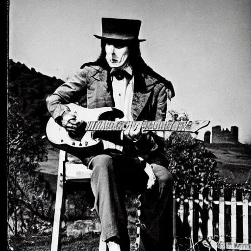 Image similar to vintage photograph of count orlok outside his castle, playing the blues on guitar, castle in the background, 4 k