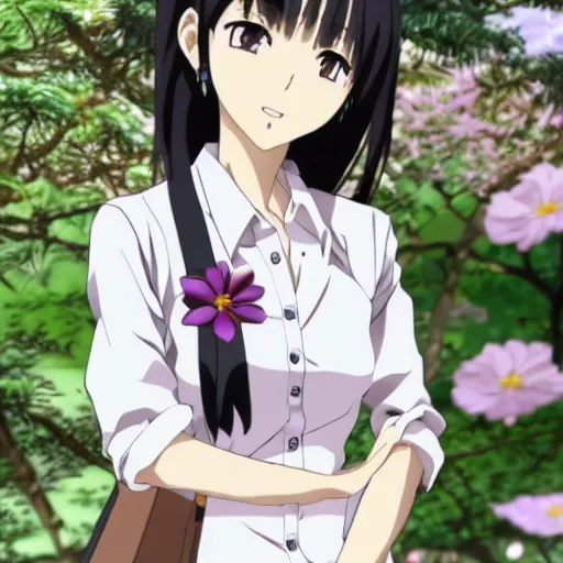 Image similar to Detailed anime key visual of a beautiful Japanese woman with short brown hair, shoulder-length; wearing a white shirt with a floral pattern; Official media